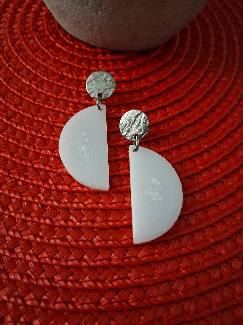 Modern White Semi-Circle Drop Earrings with Textured Silver Discs